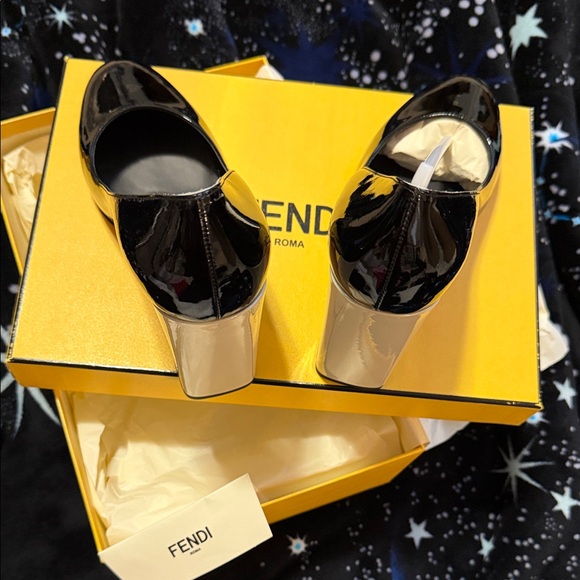 Fendi Black Patent Leather Block Heel Pumps with Pink Sole